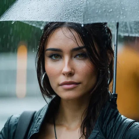 Closeup Portrait Photo of a stunning woman in the rain, high quality, 85 mm, f/1.8, Nikon P1000