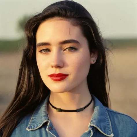 Skin texture, no makeup, Super high retro 1980s analog portrait photo of a stunning young woman wearing lipstick outdoors with straight hair, wearing a small string choker around her neck,f /2.8, Canon, 85mm,cinematic, high quality,looking at the viewer,  <lora:jenconnelly90s_xl_1_standard_wo_cap_merger_35_55_93-025_035_04:1>