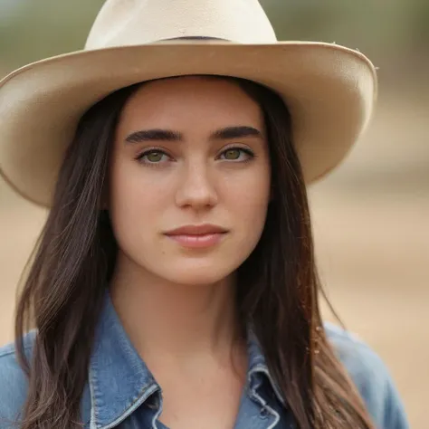 Skin texture, no makeup, Super high res closeup portrait photo of a woman outdoors with long hair wearing a classic cowboy hat, confident, f /2.8, Canon, 85mm,cinematic, high quality,looking at the viewer,   <lora:jenconnelly90s_xl_1_standard_wo_cap_merger_35_55_93-025_035_04:1>