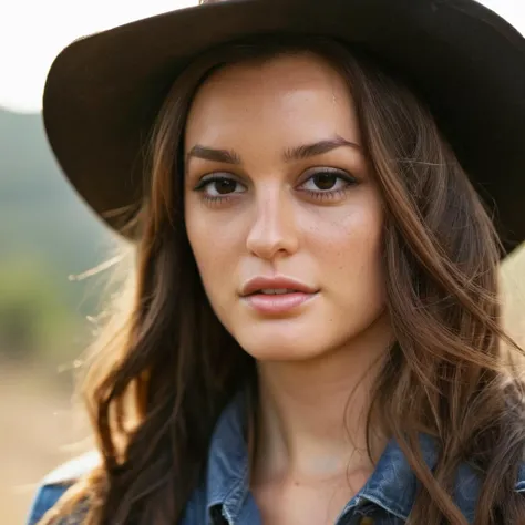 Skin texture, no makeup, Super high res closeup portrait photo of a woman outdoors with long hair wearing a classic cowboy hat, confident, f /2.8, Canon, 85mm,cinematic, high quality,looking at the viewer,    <lora:leightonmeester_xl_1_standard_wo_cap_merger_25_92_65_35:1>