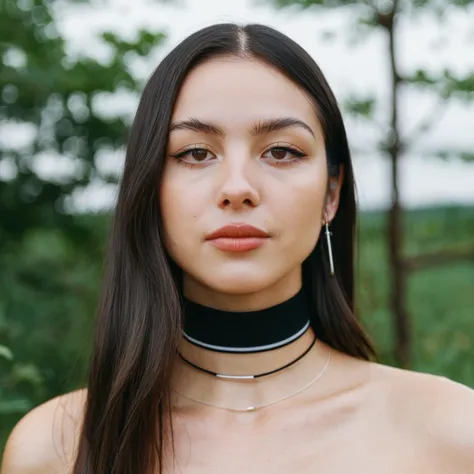 Skin texture, no makeup, Super high res closeup portrait photo of a woman outdoors with straight hair, wearing a small choker around her neck,f /2.8, Canon, 85mm,cinematic, high quality,looking at the viewer,  olxrdrigo, <lora:olrodrigo_juggerX_xl_3_st_wocap_merger_31v1_8v3_77v3_03_04_03-olxrdrigo:1>