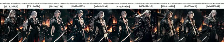 (masterpiece, best quality), intricate details, 1boy, standing, (looking at viewer), Sephiroth \(Final Fantasy\), Sephiroth, (holding sword in left hand:1.5), (green glowing mako eyes), dark theme, village, (fire scene:1.4), (fire:1.4), (conflagration:1.3), professional lighting, photon mapping, physically-based rendering, grey hair, weapon, sword, gloves, long sleeves, parted bangs, black gloves, chest strap, holding weapon, <lora:SephirothFinalFantasy0:0.8>, <lora:LowRA:0.6>