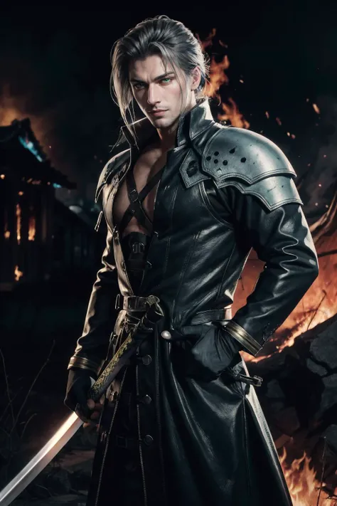 (masterpiece, best quality), intricate details, 1boy, standing, (looking at viewer), Sephiroth \(Final Fantasy\), Sephiroth, (holding sword in left hand:1.5), (green glowing mako eyes), dark theme, village, (fire scene:1.4), (fire:1.4), (conflagration:1.3), professional lighting, photon mapping, physically-based rendering, grey hair, weapon, sword, gloves, long sleeves, parted bangs, black gloves, chest strap, holding weapon, <lora:SephirothFinalFantasy0:0.8>, <lora:LowRA:0.6>