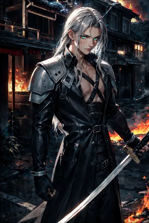 (masterpiece, best quality), intricate details, 1boy, standing, (looking at viewer), Sephiroth \(Final Fantasy\), Sephiroth, (holding sword in left hand:1.5), (green glowing mako eyes), dark theme, village, (fire scene:1.4), (fire:1.4), (conflagration:1.3), professional lighting, photon mapping, physically-based rendering, grey hair, weapon, sword, gloves, long sleeves, parted bangs, black gloves, chest strap, holding weapon, <lora:lora:0.8>, <lora:LowRA:0.6>