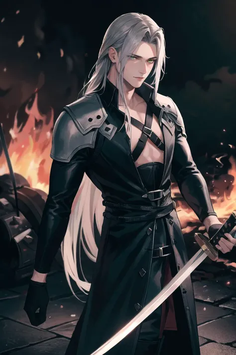 (masterpiece, best quality), intricate details, 1boy, standing, (looking at viewer), Sephiroth \(Final Fantasy\), Sephiroth, (holding sword in left hand:1.5), (green glowing mako eyes), dark theme, village, (fire scene:1.4), (fire:1.4), (conflagration:1.3), professional lighting, photon mapping, physically-based rendering, grey hair, weapon, sword, gloves, long sleeves, parted bangs, black gloves, chest strap, holding weapon, <lora:SephirothFinalFantasy0:0.8>, <lora:LowRA:0.6>