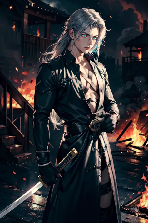 (masterpiece, best quality), intricate details, 1boy, standing, (looking at viewer), Sephiroth \(Final Fantasy\), Sephiroth, (holding sword in left hand:1.5), (green glowing mako eyes), dark theme, village, (fire scene:1.4), (fire:1.4), (conflagration:1.3), professional lighting, photon mapping, physically-based rendering, grey hair, weapon, sword, gloves, long sleeves, parted bangs, black gloves, chest strap, holding weapon, <lora:SephirothFinalFantasy0:0.8>, <lora:LowRA:0.6>