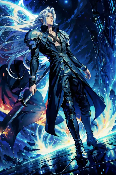 sephiroth, floating, from below, (kubrick stare), final fantasy, white hair, armor, shoulder pads, background of flames, masterpiece, best quality, CG, wallpaper, HDR, high quality, high-definition, extremely detailed
