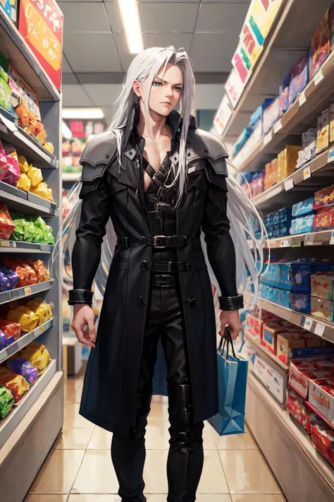 (masterpiece, best quality:1.2), ultra high res, absurdres, sharp focus, dynamic pose, (1boy:1.1), male focus,
(Sephiroth, Sephiroth /(Final Fantasy/):1.1), one-winged angel, coat, tunic, pants, (looking away:1.1),
standing, shopping, (plastic bag:1.0),
indoors, supermarket, convenience store,
detailed background, brilliant colorful, subsurface scattering, volumetric lighting, extremely detailed <lora:SephirothFinalFantasy0:1>