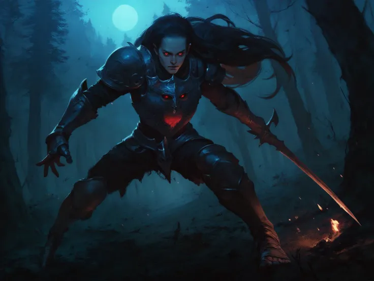 mature male, vampire, black long hair, red eyes, pale skin, battle, battle stance, iron armor, vampire armor, forest, dark woods, night, moonlight, dynamic angle, solo, <lora:Eddie_Mendoza-000009:0.8>, score_9, score_8_up, score_7_up, score_6_up