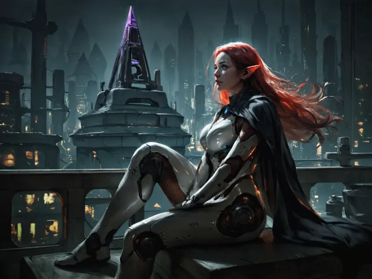 adult woman, mature, white skin, red hair, long hair, curvy, large breasts, pointy ears, blue eyes, black cape, white armor, sitting, roof, skyline background, night, purple pyramid, science fiction, wind, solo, <lora:Eddie_MendozaV2:0.8>, score_9, score_8_up, score_7_up, realistic