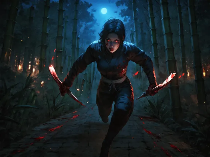 adult man, black hair, red eyes, fox_mask, black ninja, black coat, battle, battle stance, running, bamboo forest, night, sky, weapon, throwing, blood on clothes, night, dynamic angle, solo, <lora:Eddie_MendozaV2:0.8>, score_9, score_8_up, score_7_up, realistic