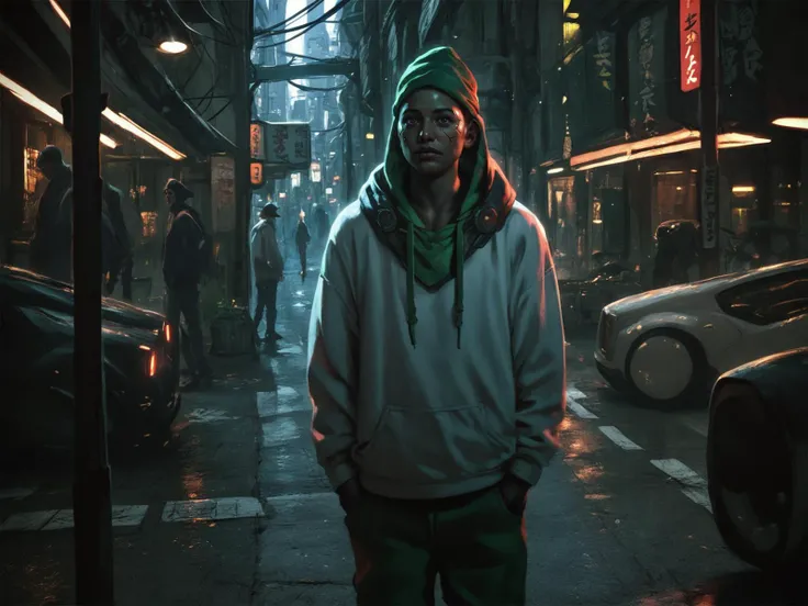 adult man, black hair, brown eyes, black skin, green bandana on face, standing, red cap, jogger pants, white hoodie, hood, cyberpunk, dusk, side street, outdoors, solo, <lora:Eddie_MendozaV2:0.8>, score_9, score_8_up, score_7_up, realistic