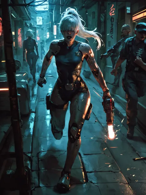 adult woman, curvy, white hair, messy hair, hair covering eyes, hair over eyes, blunt bangs, black lipstick, ponytail, black cap, one robot arm, futuristic policeman, running, holding laser gun, behind the wall, cyberpunk alley street, cyberpunk, futuristic city, night, police uniform,, <lora:Eddie_MendozaV2:0.8>, score_8_up, score_7_up, realistic