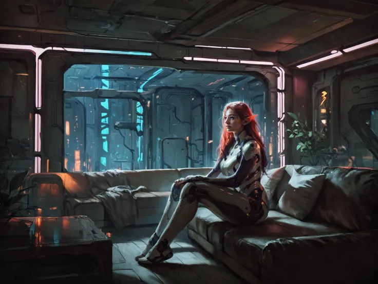 adult woman, mature, white skin, red hair, long hair, curvy, large breasts, pointy ears, blue eyes, white armor, sitting, sofa, indoors, room, purple neon lights, purple lights, night, living room, science fiction, wind, solo, <lora:Eddie_MendozaV2:0.8>, score_9, score_8_up, score_7_up, realistic