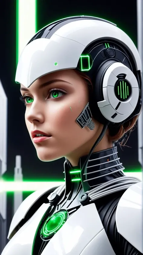 <lora:GalacticEmpireStyleXL:1>GalacticEmpireStyle 50%cyborg portrait, (bloody scars:0.7), looking away, solo, half shot, detailed background, close up, detailed face, futuristic shining digital cobalt armor, circular pattern, cape, high-tech, wires, advanced technology, robotics, cybernetics, antenna, headset, head-up display, epic futuristic city in background, green lights, neon lights, lasers, sparks, explosions, hologram, cinematic atmosphere,, white (star wars empire style:0.7), 24mm, (analog, cinematic, film grain:1.3), Bokeh DOF, (Masterpiece:1.3) (best quality:1.2) (high quality:1.1)