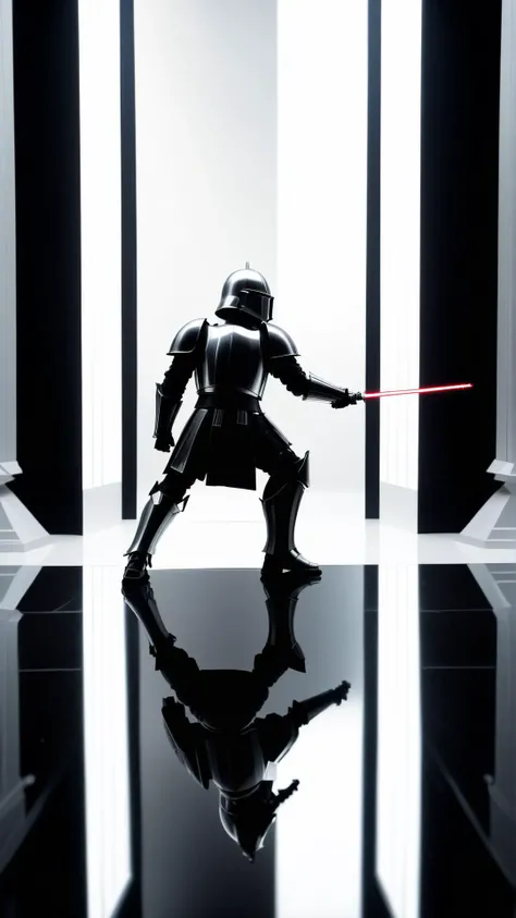 <lora:GalacticEmpireStyleXL:1>GalacticEmpireStyle a knight fighting his shadow in a hall of mirrors, white (star wars empire style:0.7), 24mm, (analog, cinematic, film grain:1.3), Bokeh DOF, (Masterpiece:1.3) (best quality:1.2) (high quality:1.1)