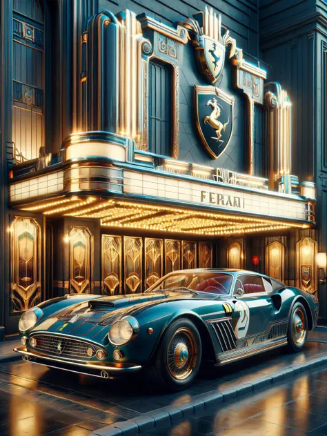 ais-artdeco Ferrari, parked outside an old ais-artdeco theater <lora:Art_Deco_Style_SDXL:1>