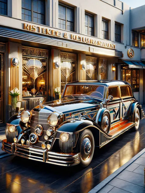 ais-artdeco mercedes, parked outside an ais-artdeco restaurant <lora:Art_Deco_Style_SDXL:1>