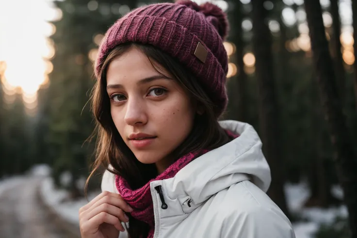 (Fashion Photography, Award Winning), photograph, RAW photo, DV_Maxine_Vicious, (standing in forest, sun flares from back, winter, cold), ((wearing winter ski jacket, woolly hat, scarf)) ((lavender wavy haircut hair)), by Steve McCurry, 35mm, F/2.8, ((Photo Focus, DOF, Aperture, insanely detailed and intricate, hypermaximalist, beautiful, revealing, appealing, attractive, hyper realistic, super detailed))(DOF, blurry background), guilt, epiCRealism, epiCPhoto,  <lora:zoom_slider_v1:-1.0>