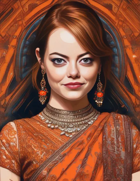 EmmaStone, art by Robert Williams,art by Francis Newton Souza, photograph, Tranquil small Girl, ð, wearing 16-Bit Lehenga with deep orange ornaments, deep focus, Black lighting, film grain, film camera, 50mm, intricate details, dslr, <lora:EmmaStoneSDXL:1>