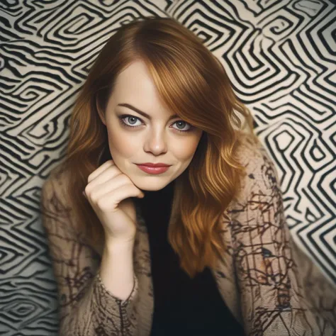 EmmaStone, photograph, hyper detailed, Nurturing voluptuous Woman, Inspired background, Fall, Direct light, film grain, Canon EF, 35mm, geometric patterns, extremely hyper aesthetic, <lora:EmmaStoneSDXL:1>