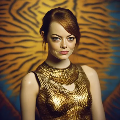 EmmaStone, art by Angus McKie, photograph, Ridiculous European Female, wearing Deformed Aborigine Alligator skin Lehenga, plain tiger print background, cinematic lighting, film grain, Kodak gold 200, Selective focus,  <lora:EmmaStoneSDXL:1>