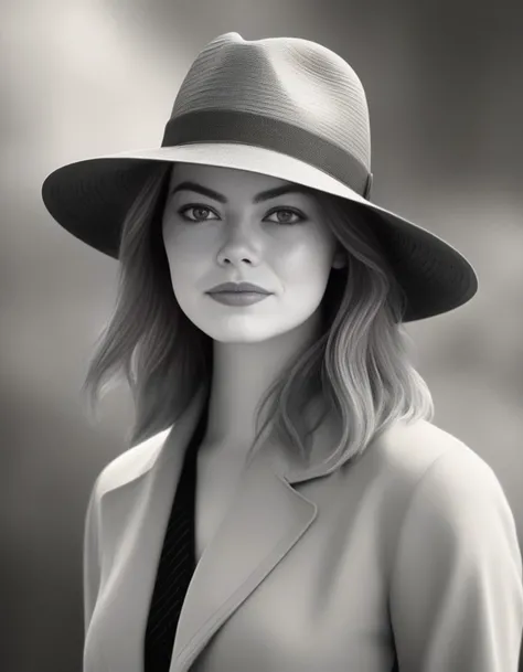 EmmaStone, art by Fan Ho,art by Erin Hanson, photograph, New Wave Female, wearing Refined Masai Carbon fiber copper Panama hat, Gray Long layers hairstyle, Stormy weather, Fine art, Canon eos 5d mark 4, L USM, highly detailed, <lora:EmmaStoneSDXL:1>