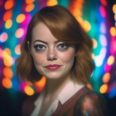 EmmaStone, photograph, hyper detailed, Traditional (Female:1.1) , Legal assistant, Casting magic pose, Disco Era hair, Hazy conditions, Bokeh, Visual novel, Shameless, Suprematism, film grain, compact camera, macro lens, Neon color grading, bold lettering, de dia los muertos, <lora:EmmaStoneSDXL:1>