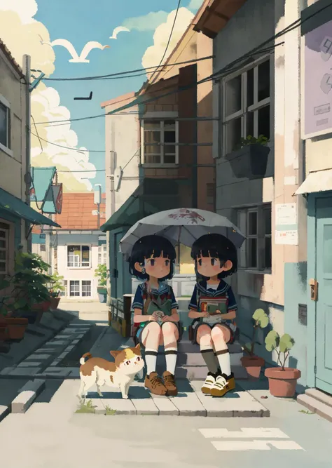 ench, outdoors, bag, sky, blue sky, bird, black hair, cat, skirt, day, school uniform, cloud, sailor collar, sitting, shirt, short sleeves, multiple girls, short hair, building, 2girls, socks, neckerchief, lamppost, shoes, holding, serafuku, bangs, brown footwear, black footwear,  <lora:chahua_V1_bianping09HF:0.9>, best quality,masterpiece,