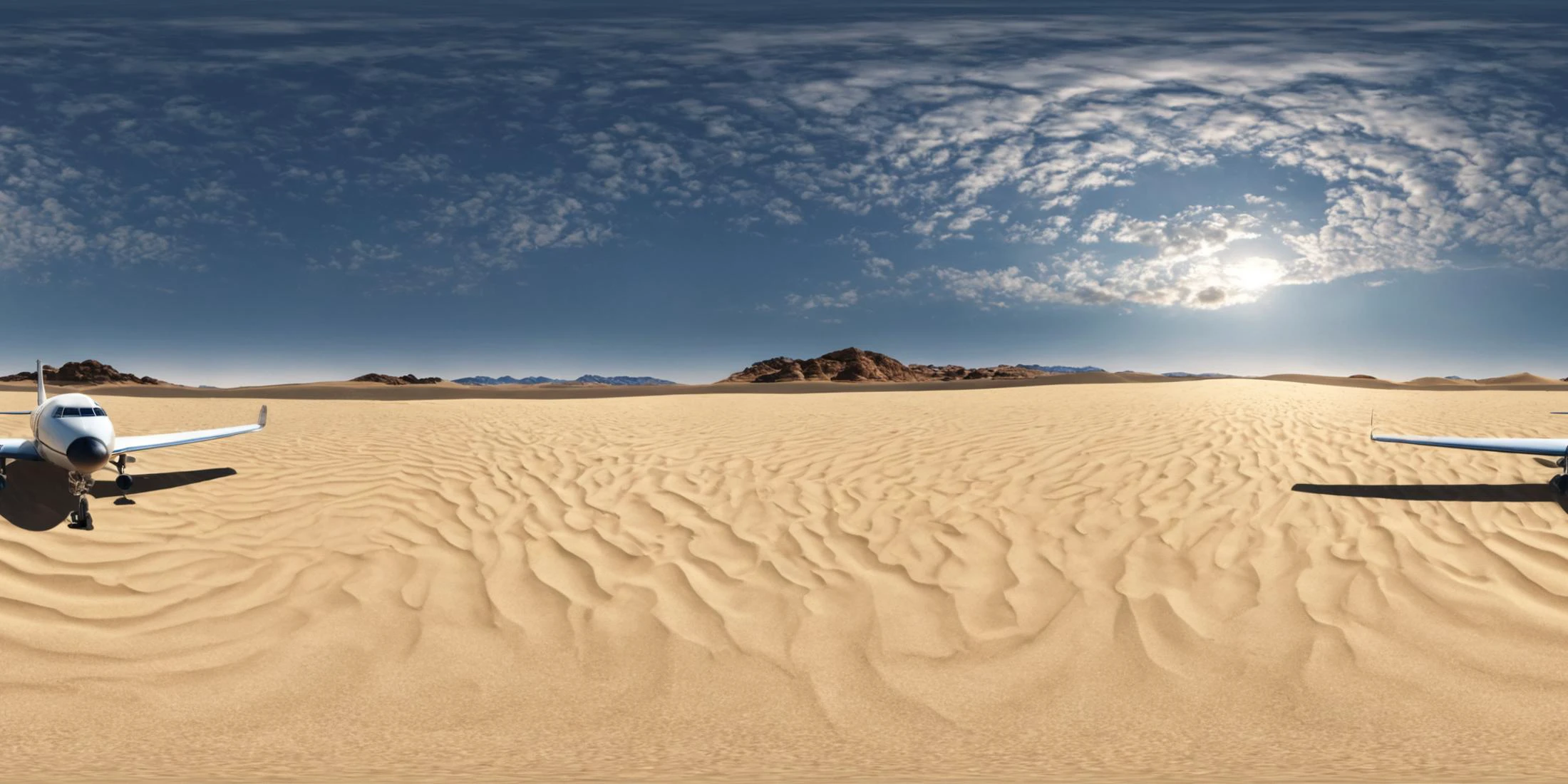 360panorama,Aerial photography,White and black airplane on brown sand during the daytime, desert, airplane stationary on the sand, isolated desolate environment, expansive desert, sand dunes, clear sky, bright natural sunlight, Edward Hopper, realistic, oil painting, landscape, neutral tones, contrasting white and black, high quality, highly detailed,
complex background,masterpiece,visually stunning:1.5,evocative,best quality,intricate and very detailed:1.5,professionally graded colors,hyper-detailed:1.8,cinematic design:1.5,very detailed image,hyperealistic,realistic art style,photorealism,dynamic lighting,light rays,detailed background,cinematic lighting,cinematic angle,very aesthetic,ultra detailed,intricate details,semi realistic,best quality,realistic,photo realistic,dramatic lighting,detailed lighting,realistic photo,[[volumetric lighting, dappled lighting]],
((vignette)),highly detailed,moody,epic,gorgeous,film,atmospheric haze,Ultra High Resolution,wallpaper,8K,Rich texture details,hyper detailed,detailed background,dramatic angle,epic composition,dynamic lighting,award winning photo,
complex background,caustics,optics,surreal,magic,perfect anatomy,best resolution,best quality,highres,realistic photo,professional photography,professional color grading,cinematic angle,reflection lights,closed up,many details,extreme detailed,full of details,life-like details,cinematic,dramatic,dynamic,extremely refined lines and and shapes,extremely refined details on objects,sharp details,wide range of colors,many details everywhere,raytracing,antialiasing,Realistic soft shadows,Low saturation colors,insane quality,insane resolution,Insane details,masterpiece,8k,4k resolution,<lora:HMSGèªæXL2-000010:1>,