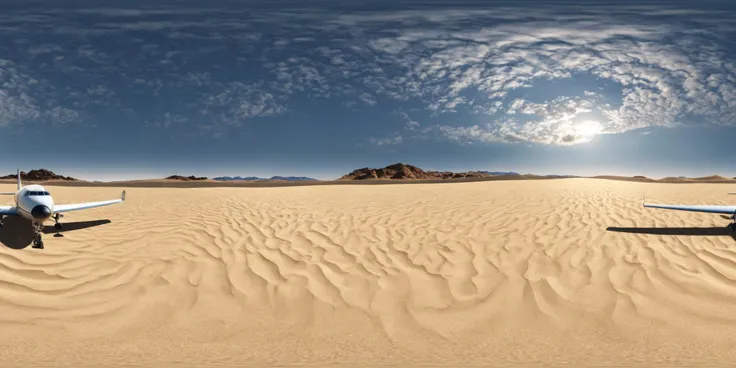360panorama,Aerial photography,White and black airplane on brown sand during the daytime, desert, airplane stationary on the sand, isolated desolate environment, expansive desert, sand dunes, clear sky, bright natural sunlight, Edward Hopper, realistic, oil painting, landscape, neutral tones, contrasting white and black, high quality, highly detailed,
complex background,masterpiece,visually stunning:1.5,evocative,best quality,intricate and very detailed:1.5,professionally graded colors,hyper-detailed:1.8,cinematic design:1.5,very detailed image,hyperealistic,realistic art style,photorealism,dynamic lighting,light rays,detailed background,cinematic lighting,cinematic angle,very aesthetic,ultra detailed,intricate details,semi realistic,best quality,realistic,photo realistic,dramatic lighting,detailed lighting,realistic photo,[[volumetric lighting, dappled lighting]],
((vignette)),highly detailed,moody,epic,gorgeous,film,atmospheric haze,Ultra High Resolution,wallpaper,8K,Rich texture details,hyper detailed,detailed background,dramatic angle,epic composition,dynamic lighting,award winning photo,
complex background,caustics,optics,surreal,magic,perfect anatomy,best resolution,best quality,highres,realistic photo,professional photography,professional color grading,cinematic angle,reflection lights,closed up,many details,extreme detailed,full of details,life-like details,cinematic,dramatic,dynamic,extremely refined lines and and shapes,extremely refined details on objects,sharp details,wide range of colors,many details everywhere,raytracing,antialiasing,Realistic soft shadows,Low saturation colors,insane quality,insane resolution,Insane details,masterpiece,8k,4k resolution,<lora:HMSGèªæXL2-000010:1>,