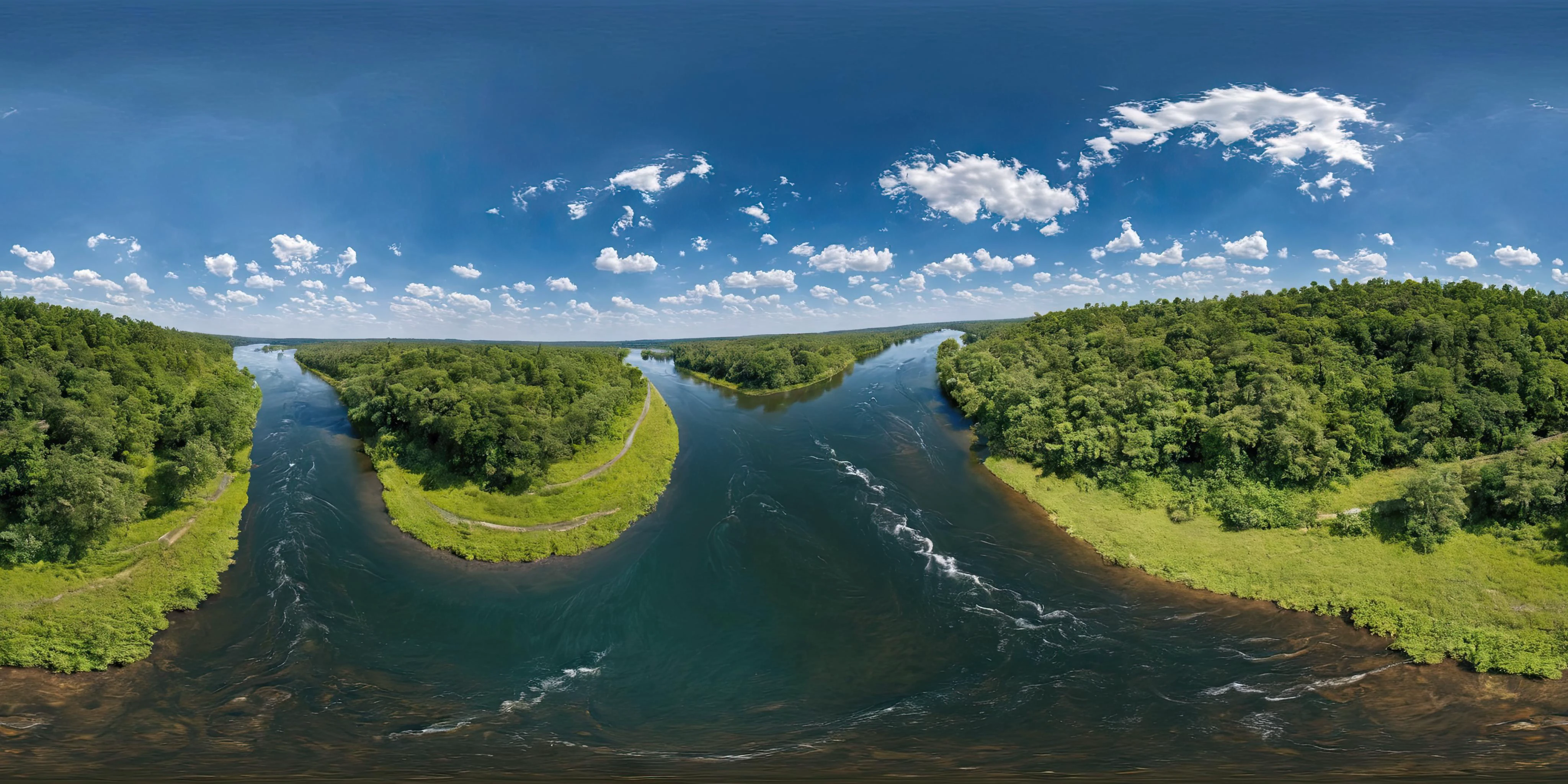 <lora:HMSGèªæå
¨æ¯XL:1>,360panorama,Centered Horizon,No seams,<lora:å
å½±XL:1>,An aerial snapshot capturing the harmonious coexistence of lush green trees and a meandering river. The river curves gracefully through the forest,a ribbon of glistening water reflecting the sunlight. Trees line the riverbanks,their canopies creating a vibrant contrast against the clear blue of the moving water. This tableau from above showcases nature's artful arrangement,inviting an appreciation for the way the river nurtures the landscape and carves out a path through the verdant surroundings,