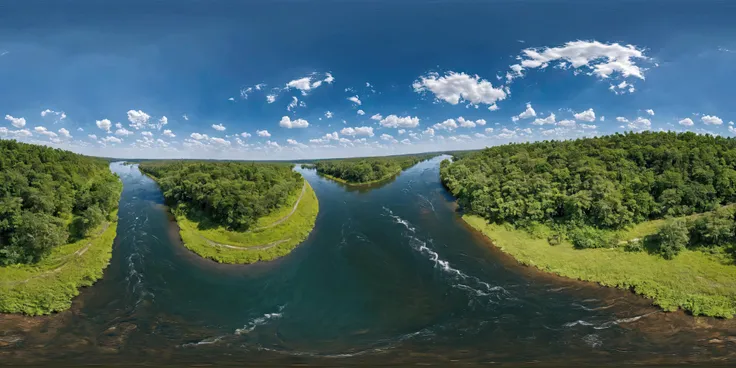 <lora:HMSGèªæå
¨æ¯XL:1>,360panorama,Centered Horizon,No seams,<lora:å
å½±XL:1>,An aerial snapshot capturing the harmonious coexistence of lush green trees and a meandering river. The river curves gracefully through the forest,a ribbon of glistening water reflecting the sunlight. Trees line the riverbanks,their canopies creating a vibrant contrast against the clear blue of the moving water. This tableau from above showcases nature's artful arrangement,inviting an appreciation for the way the river nurtures the landscape and carves out a path through the verdant surroundings,