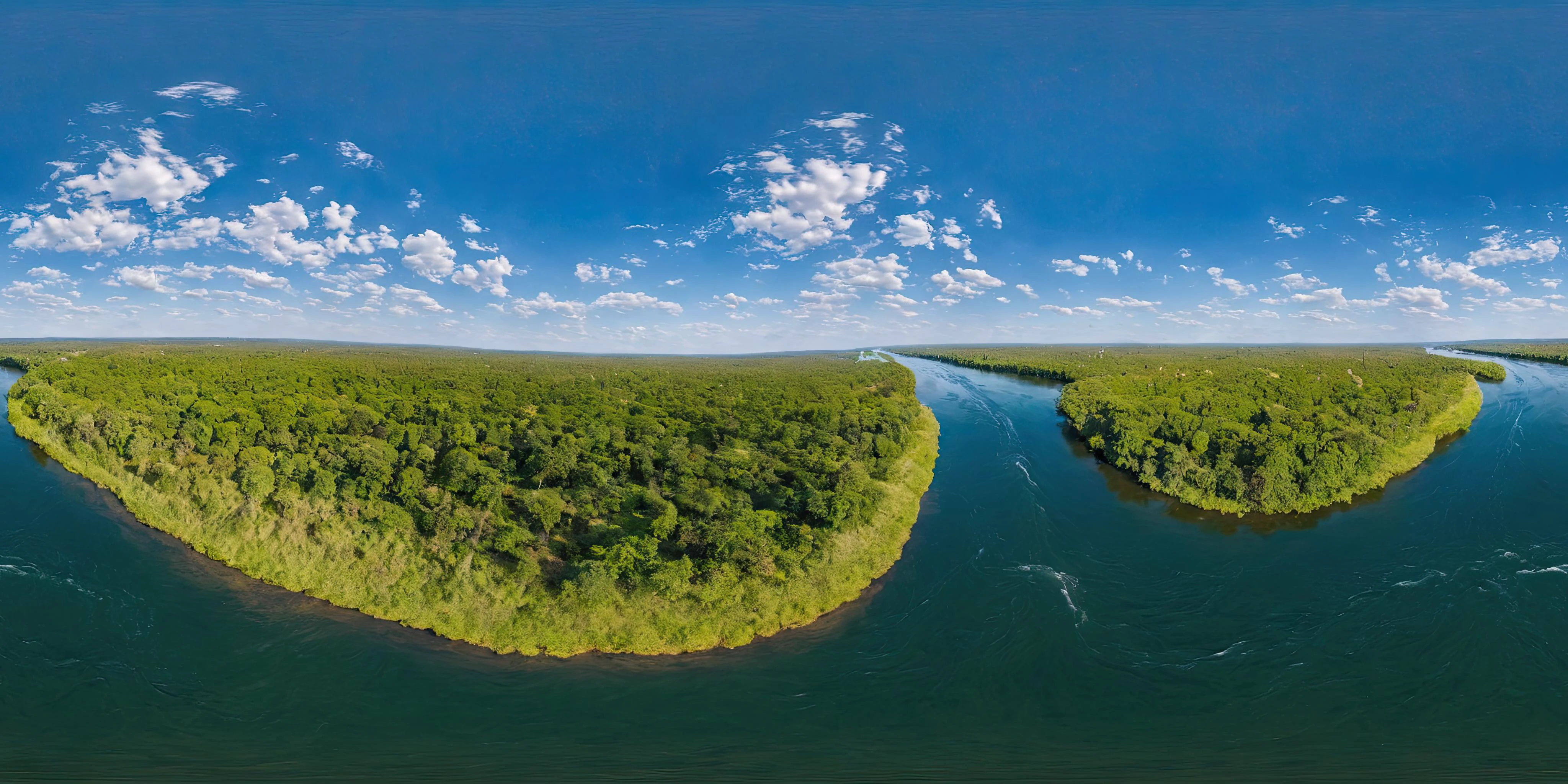 <lora:HMSGèªæå
¨æ¯XL:1>,360panorama,Centered Horizon,No seams,<lora:å
å½±XL:1>,An aerial snapshot capturing the harmonious coexistence of lush green trees and a meandering river. The river curves gracefully through the forest,a ribbon of glistening water reflecting the sunlight. Trees line the riverbanks,their canopies creating a vibrant contrast against the clear blue of the moving water. This tableau from above showcases nature's artful arrangement,inviting an appreciation for the way the river nurtures the landscape and carves out a path through the verdant surroundings,