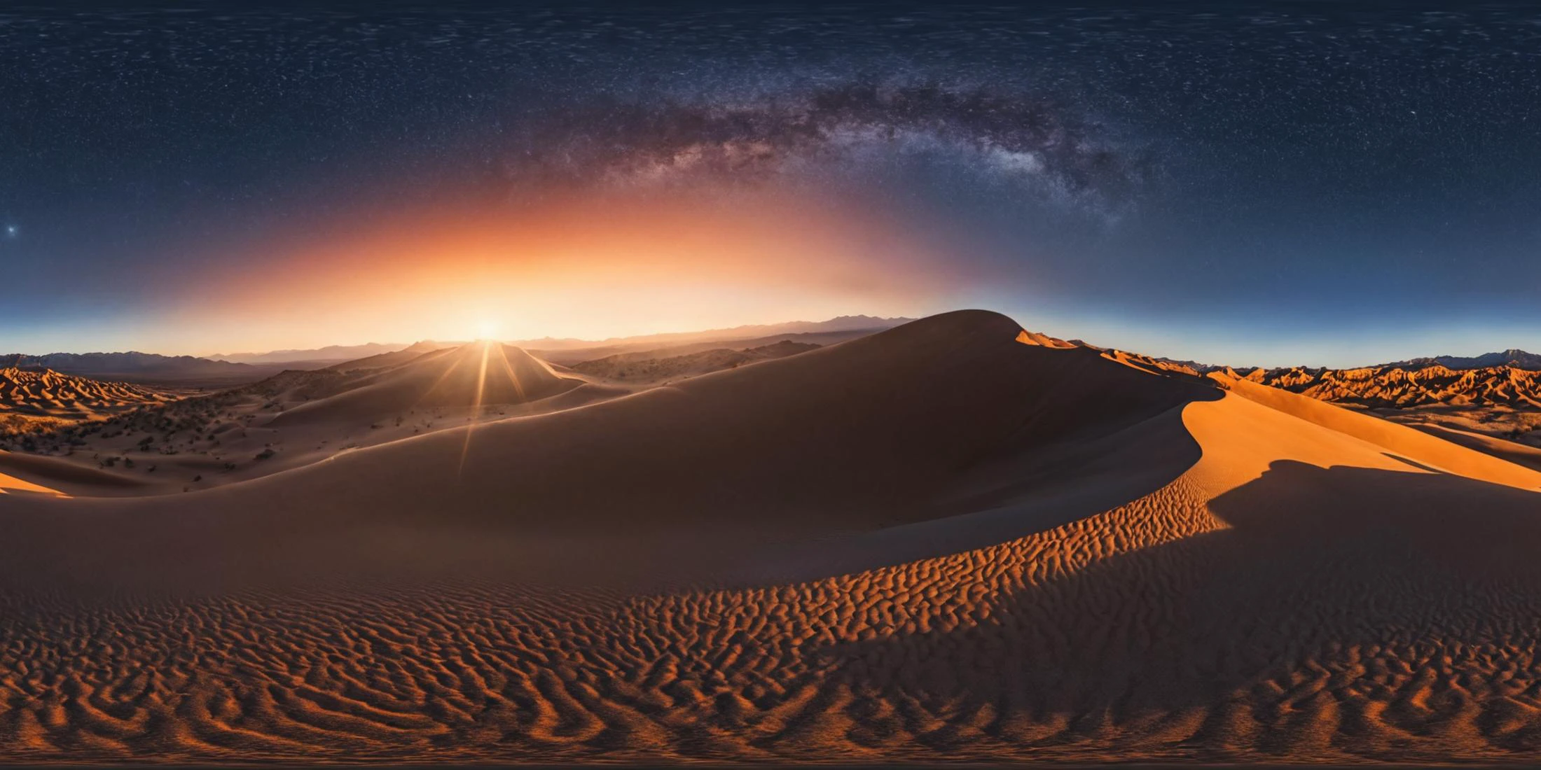 360panorama,As the sun dips below the horizon,the desert comes alive with a kaleidoscope of colors. Sand dunes stretch endlessly towards the horizon,their graceful curves sculpted by the winds of time. A solitary cactus stands sentinel amidst the vast expanse,its spiny arms reaching towards the fading light. In the distance,jagged mountains rise from the earth,their rugged peaks painted in hues of orange and red by the dying embers of the day. A coyote's haunting howl echoes through the desert,a reminder of the untamed beauty that thrives in this harsh yet enchanting landscape. Here,under the vast canopy of stars,one can't help but feel a sense of awe and reverence for the natural world.,
complex background,masterpiece,visually stunning:1.5,evocative,best quality,intricate and very detailed:1.5,professionally graded colors,hyper-detailed:1.8,cinematic design:1.5,very detailed image,hyperealistic,realistic art style,photorealism,dynamic lighting,light rays,detailed background,cinematic lighting,cinematic angle,very aesthetic,ultra detailed,intricate details,semi realistic,best quality,realistic,photo realistic,dramatic lighting,detailed lighting,realistic photo,[[volumetric lighting, dappled lighting]],
((vignette)),highly detailed,moody,epic,gorgeous,film,atmospheric haze,Ultra High Resolution,wallpaper,8K,Rich texture details,hyper detailed,detailed background,dramatic angle,epic composition,dynamic lighting,award winning photo,
complex background,caustics,optics,surreal,magic,perfect anatomy,best resolution,best quality,highres,realistic photo,professional photography,professional color grading,cinematic angle,reflection lights,closed up,many details,extreme detailed,full of details,life-like details,cinematic,dramatic,dynamic,extremely refined lines and and shapes,extremely refined details on objects,sharp details,wide range of colors,many details everywhere,raytracing,antialiasing,Realistic soft shadows,Low saturation colors,insane quality,insane resolution,Insane details,masterpiece,8k,4k resolution,<lora:HMSGèªæXL2-000010:1>,