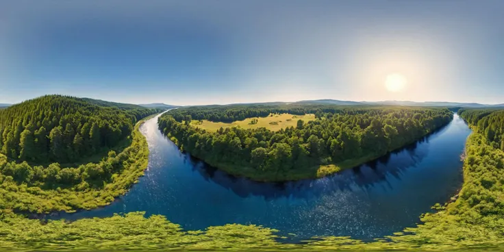 360panorama,Aerial photography,Aerial view of a tree-lined river during the day, early afternoon, sunlight reflecting off the water, peaceful lush natural environment, dense greenery, flowing river, bright natural sunlight, Thomas Cole, realistic, oil painting, landscape, vibrant greens, blues, hints of sunlight, high quality, highly detailed,
complex background,masterpiece,visually stunning:1.5,evocative,best quality,intricate and very detailed:1.5,professionally graded colors,hyper-detailed:1.8,cinematic design:1.5,very detailed image,hyperealistic,realistic art style,photorealism,dynamic lighting,light rays,detailed background,cinematic lighting,cinematic angle,very aesthetic,ultra detailed,intricate details,semi realistic,best quality,realistic,photo realistic,dramatic lighting,detailed lighting,realistic photo,[[volumetric lighting, dappled lighting]],
((vignette)),highly detailed,moody,epic,gorgeous,film,atmospheric haze,Ultra High Resolution,wallpaper,8K,Rich texture details,hyper detailed,detailed background,dramatic angle,epic composition,dynamic lighting,award winning photo,
complex background,caustics,optics,surreal,magic,perfect anatomy,best resolution,best quality,highres,realistic photo,professional photography,professional color grading,cinematic angle,reflection lights,closed up,many details,extreme detailed,full of details,life-like details,cinematic,dramatic,dynamic,extremely refined lines and and shapes,extremely refined details on objects,sharp details,wide range of colors,many details everywhere,raytracing,antialiasing,Realistic soft shadows,Low saturation colors,insane quality,insane resolution,Insane details,masterpiece,8k,4k resolution,<lora:HMSGèªæXL2-000010:1>,