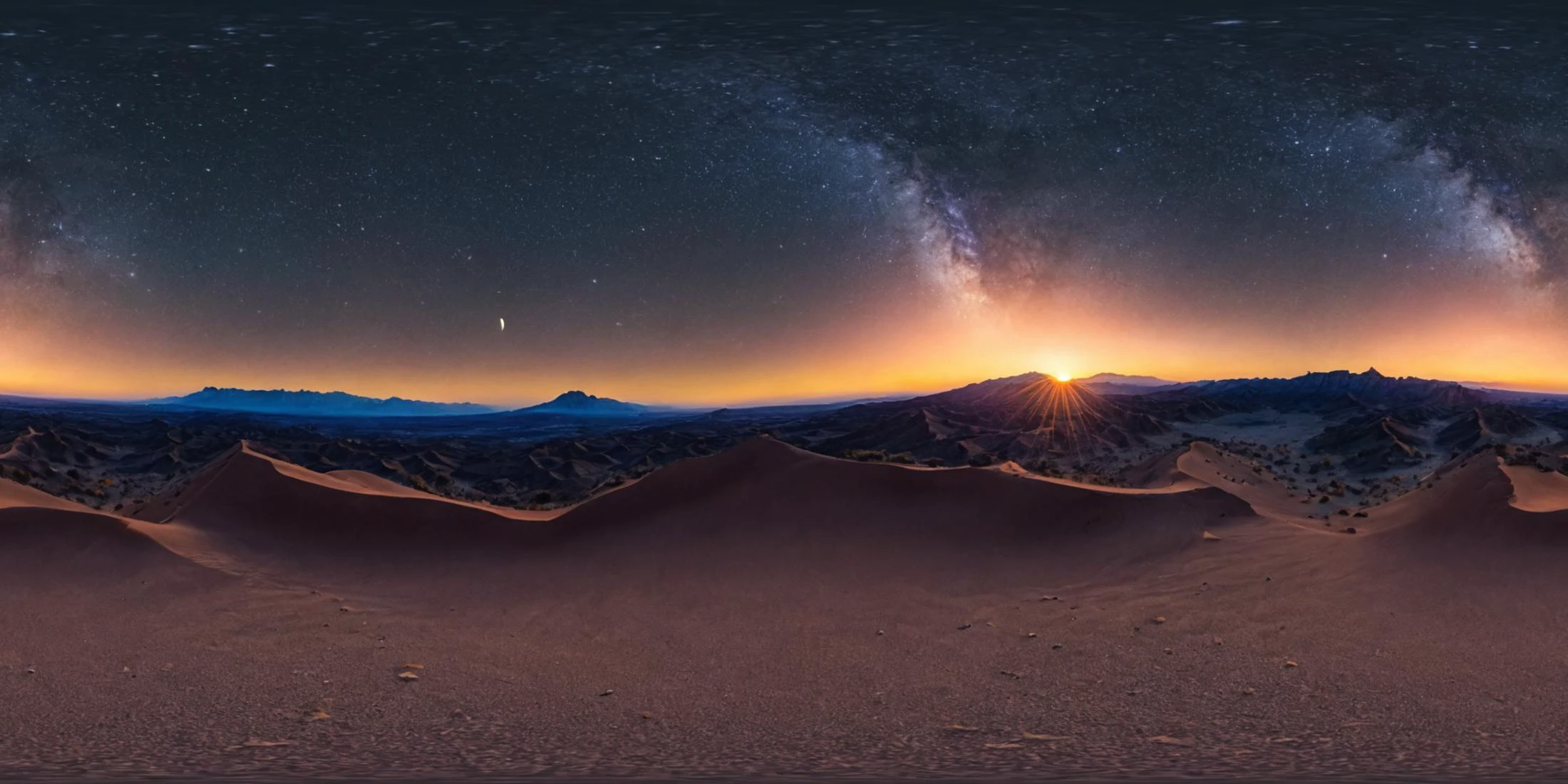 360panorama,As the sun dips below the horizon,the desert comes alive with a kaleidoscope of colors. Sand dunes stretch endlessly towards the horizon,their graceful curves sculpted by the winds of time. A solitary cactus stands sentinel amidst the vast expanse,its spiny arms reaching towards the fading light. In the distance,jagged mountains rise from the earth,their rugged peaks painted in hues of orange and red by the dying embers of the day. A coyote's haunting howl echoes through the desert,a reminder of the untamed beauty that thrives in this harsh yet enchanting landscape. Here,under the vast canopy of stars,one can't help but feel a sense of awe and reverence for the natural world.,
complex background,masterpiece,visually stunning:1.5,evocative,best quality,intricate and very detailed:1.5,professionally graded colors,hyper-detailed:1.8,cinematic design:1.5,very detailed image,hyperealistic,realistic art style,photorealism,dynamic lighting,light rays,detailed background,cinematic lighting,cinematic angle,very aesthetic,ultra detailed,intricate details,semi realistic,best quality,realistic,photo realistic,dramatic lighting,detailed lighting,realistic photo,[[volumetric lighting, dappled lighting]],
((vignette)),highly detailed,moody,epic,gorgeous,film,atmospheric haze,Ultra High Resolution,wallpaper,8K,Rich texture details,hyper detailed,detailed background,dramatic angle,epic composition,dynamic lighting,award winning photo,
complex background,caustics,optics,surreal,magic,perfect anatomy,best resolution,best quality,highres,realistic photo,professional photography,professional color grading,cinematic angle,reflection lights,closed up,many details,extreme detailed,full of details,life-like details,cinematic,dramatic,dynamic,extremely refined lines and and shapes,extremely refined details on objects,sharp details,wide range of colors,many details everywhere,raytracing,antialiasing,Realistic soft shadows,Low saturation colors,insane quality,insane resolution,Insane details,masterpiece,8k,4k resolution,<lora:HMSGèªæXL2-000010:1>,