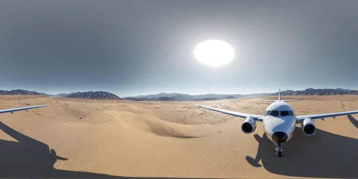 360panorama,Aerial photography,White and black airplane on brown sand during the daytime, desert, airplane stationary on the sand, isolated desolate environment, expansive desert, sand dunes, clear sky, bright natural sunlight, Edward Hopper, realistic, oil painting, landscape, neutral tones, contrasting white and black, high quality, highly detailed,
complex background,masterpiece,visually stunning:1.5,evocative,best quality,intricate and very detailed:1.5,professionally graded colors,hyper-detailed:1.8,cinematic design:1.5,very detailed image,hyperealistic,realistic art style,photorealism,dynamic lighting,light rays,detailed background,cinematic lighting,cinematic angle,very aesthetic,ultra detailed,intricate details,semi realistic,best quality,realistic,photo realistic,dramatic lighting,detailed lighting,realistic photo,[[volumetric lighting, dappled lighting]],
((vignette)),highly detailed,moody,epic,gorgeous,film,atmospheric haze,Ultra High Resolution,wallpaper,8K,Rich texture details,hyper detailed,detailed background,dramatic angle,epic composition,dynamic lighting,award winning photo,
complex background,caustics,optics,surreal,magic,perfect anatomy,best resolution,best quality,highres,realistic photo,professional photography,professional color grading,cinematic angle,reflection lights,closed up,many details,extreme detailed,full of details,life-like details,cinematic,dramatic,dynamic,extremely refined lines and and shapes,extremely refined details on objects,sharp details,wide range of colors,many details everywhere,raytracing,antialiasing,Realistic soft shadows,Low saturation colors,insane quality,insane resolution,Insane details,masterpiece,8k,4k resolution,<lora:HMSGèªæXL2-000010:1>,