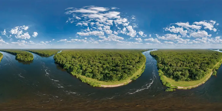 <lora:HMSGèªæå
¨æ¯XL:1>,360panorama,Centered Horizon,No seams,<lora:å
å½±XL:1>,An aerial snapshot capturing the harmonious coexistence of lush green trees and a meandering river. The river curves gracefully through the forest,a ribbon of glistening water reflecting the sunlight. Trees line the riverbanks,their canopies creating a vibrant contrast against the clear blue of the moving water. This tableau from above showcases nature's artful arrangement,inviting an appreciation for the way the river nurtures the landscape and carves out a path through the verdant surroundings,