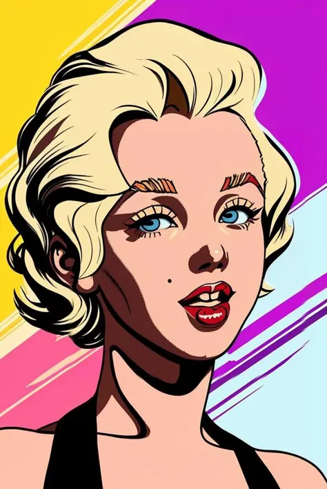 a 1980s pop art style portrait of Marylin Monroe, punk, pop art, stylized, bold colors, photo and illustration hybrid