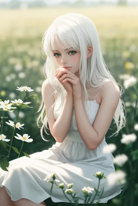 (masterpiece, best quality),1girl with long white hair sitting in a field of green plants and flowers, her hand under her chin, warm lighting, white dress, blurry foreground