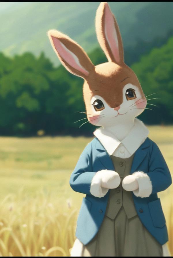 There is a cartoon rabbit in a suit standing in a field - SeaArt AI