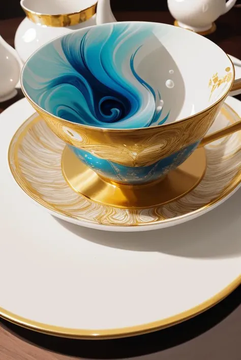 the tea cup on table, inside swirl splashes waves,  close-up, masterpeace, fluid, flora,, muted colors, pearl, gold, luxurious, extremely detailed