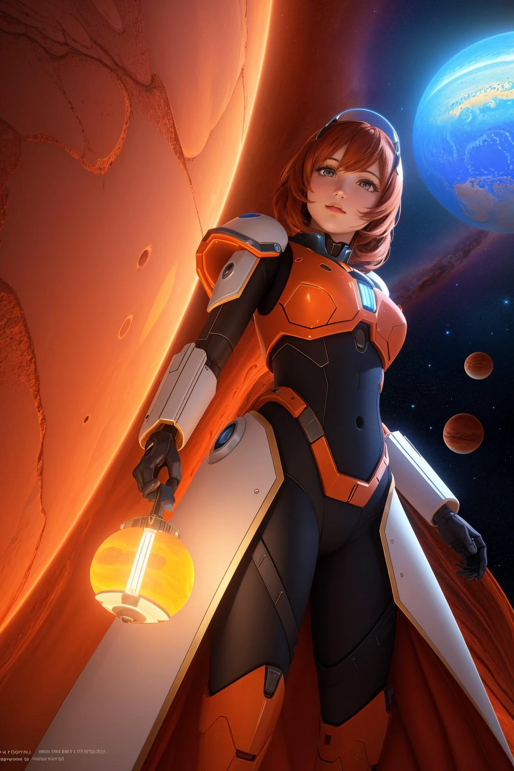1girl, (art by Elihu Vedder:0.8) , vibrant Digital artwork, electric orange background, angle from below of a Explosive Magnificent European ([Television:Planet Mars:4]:1.3) , it is anthropomorphic reimagined as a Star Wars movie Droid character, it is made from Heliosphere, at Inspirational Aquarium tunnel, warm field and mountains, at Blue hour, horizon-centered, Dark, Mythpunk, Candle light, 80mm, Autochrome, Black splash, Orton effect, trending on artstation, artstation
