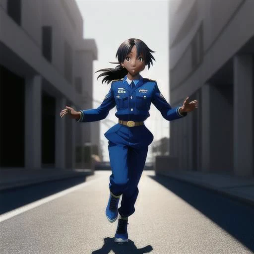 caramel complexion dark skin color anime woman standing full body pose, head to toe, arms bent at her sides as if she is running on a road, she wears a blue military uniform with pants, 3D photorealistic/anime/Pixar style, dynamic lighting with high contrast shadows and sunlight