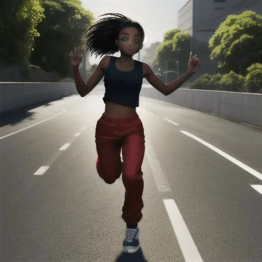 caramel complexion dark skin color anime woman, huge expressive green eyes, running on a road, she wears a red hip-hop outfit with baggy pants, 3D photorealistic/anime/Pixar style, dynamic lighting with high contrast shadows and sunlight,