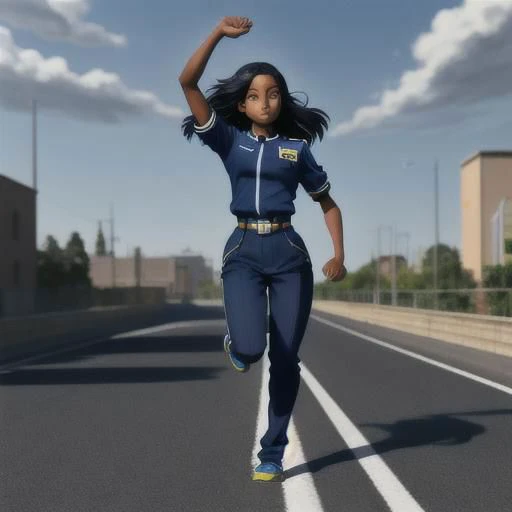 caramel complexion dark skin color anime woman standing full body pose, head to toe, arms bent at her sides as if she is running on a road, she wears a blue military uniform with pants, 3D photorealistic/anime/Pixar style, dynamic lighting with high contrast shadows and sunlight