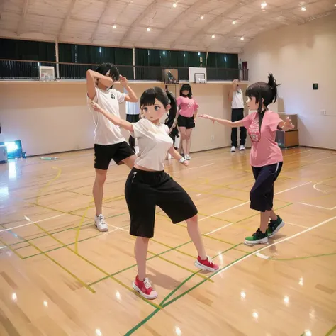 best quality, ultra-detailed, illustration,
taiikukan, shirt, multiple girls, shorts, black hair, indoors, ponytail, black shorts, white shirt, multiple boys, shoes, t-shirt, 2girls, long hair, dancing, short sleeves, realistic, photo background, photo (medium)
<lora:taiikukan_SD15_V4:1>