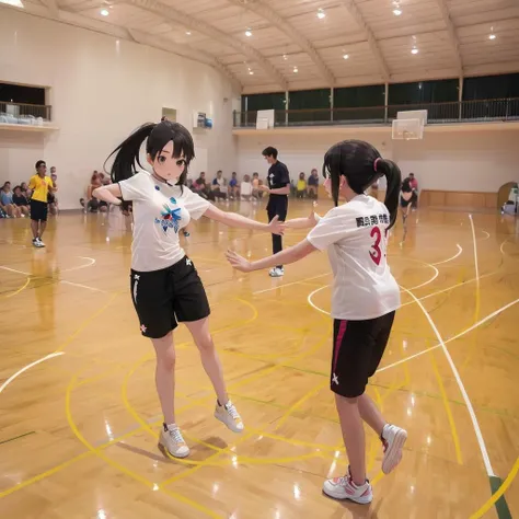 best quality, ultra-detailed, illustration,
taiikukan, shirt, multiple girls, shorts, black hair, indoors, ponytail, black shorts, white shirt, multiple boys, shoes, t-shirt, 2girls, long hair, dancing, short sleeves, realistic, photo background, photo (medium)
<lora:taiikukan_SD15_V4:1>