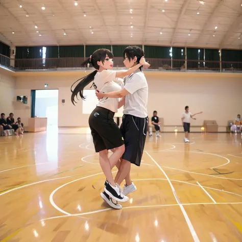 best quality, ultra-detailed, illustration,
taiikukan, shirt, multiple girls, shorts, black hair, indoors, ponytail, black shorts, white shirt, multiple boys, shoes, t-shirt, 2girls, long hair, dancing, short sleeves, realistic, photo background, photo (medium)
<lora:taiikukan_SD15_V4:1>